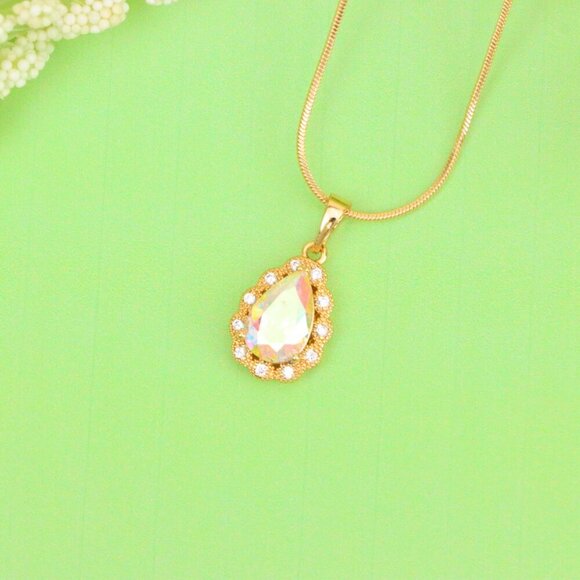 "Elegant Teardrop Rose Gold Pendant with Iridescent Stone Accent, XPPT1515 - Picture 8 of 11